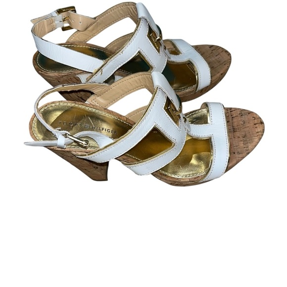 Y2K Tommy Hilfiger block heels sandals vintage retro cork leather white gold 7 - Picture 5 of 6